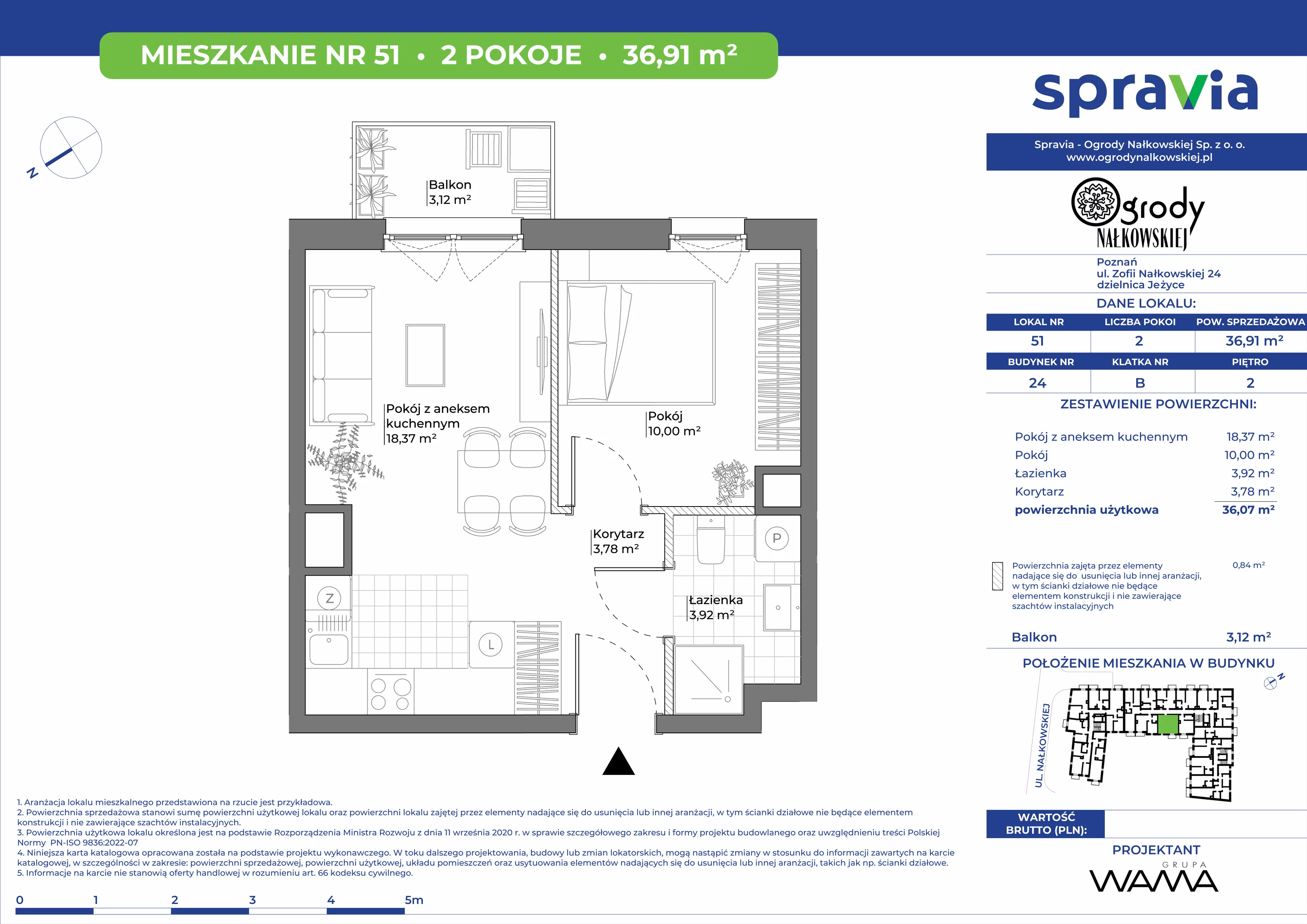 2 pokoje, mieszkanie 36,91 m², piętro 2, oferta nr 24-51, Ogrody Nałkowskiej, Poznań, Ogrody, ul. Nałkowskiej 24, 26